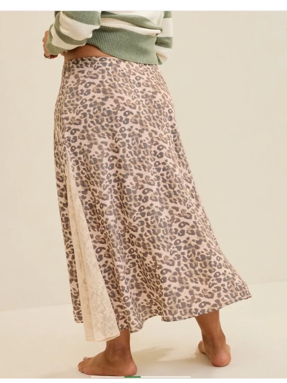 aerie Leopard Print Silky Satin Maxi Skirt with Lace panels NWT